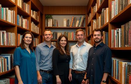 The Libreria Mediterranea team surrounded by books in the bookstore