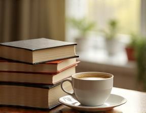 Stack of books and coffee for newsletter signup visual